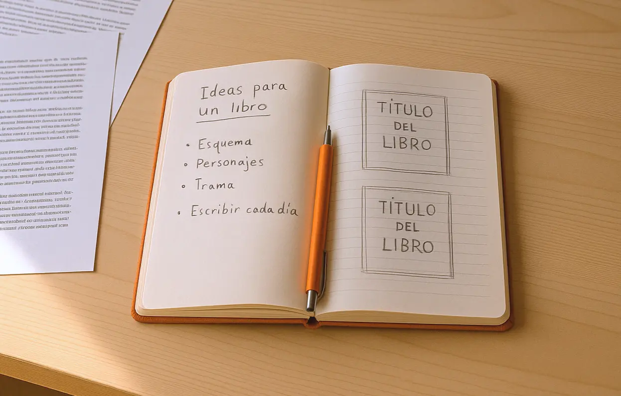 Libro en papel sobre un escritorio mostrando el proceso de escribir y autopublicar un libro.